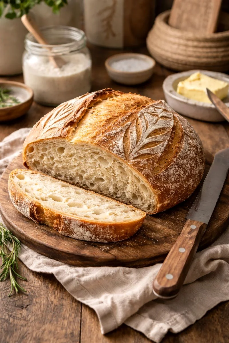 Concept image illustrating a finished sourdough loaf