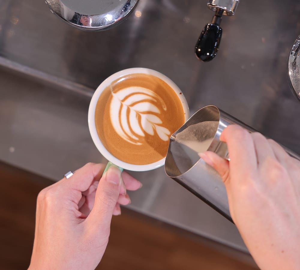 Hands practising milk pouring and latte art