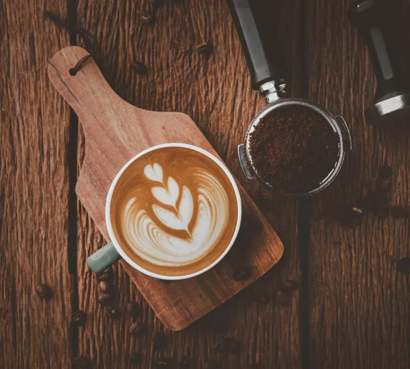 A finished latte art drink made with controlled milk pouring