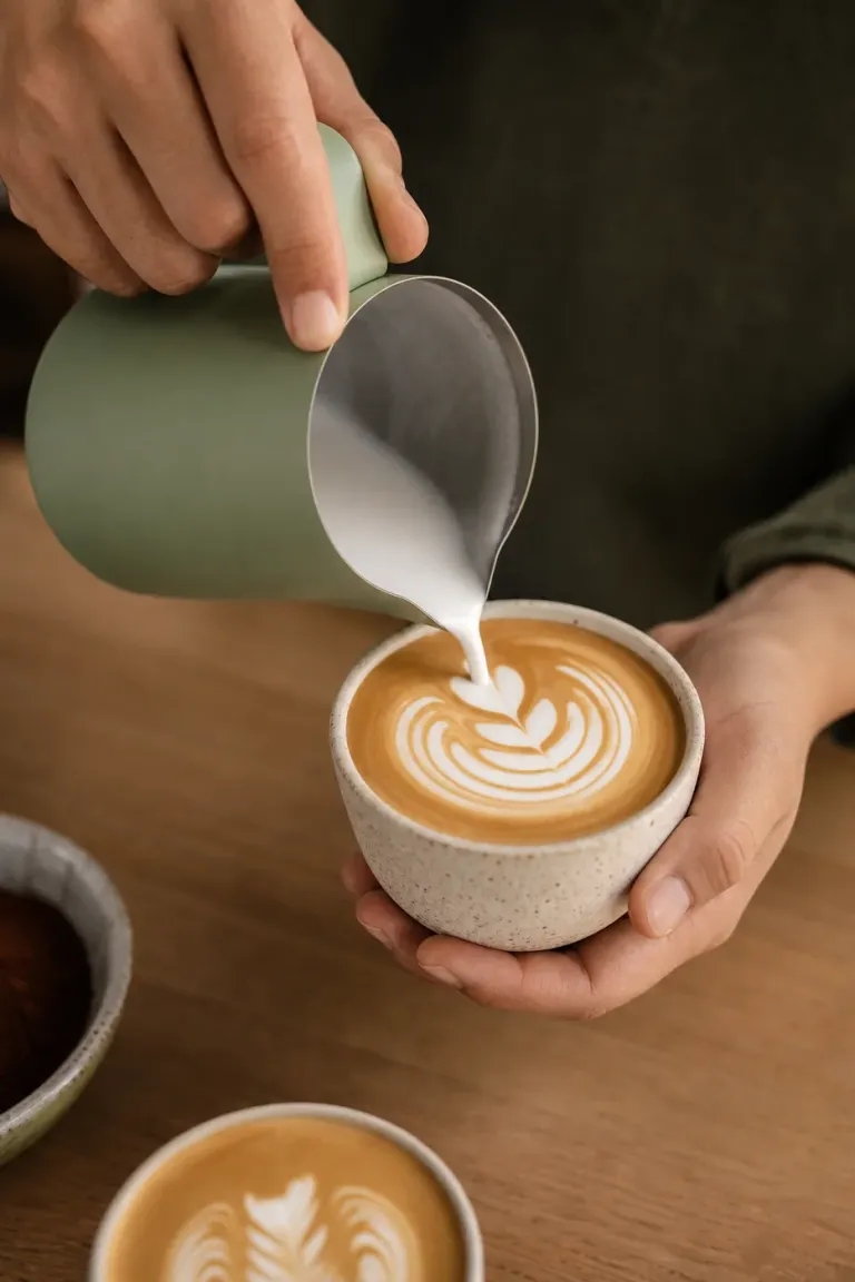 Hands pouring controlled latte art during coffee practice