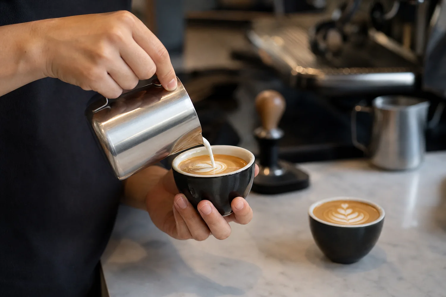 Student learning milk texture and latte art pouring